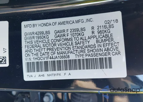 2018 Honda Accord Ex z USA, uszkodzony, nr VIN 1HGCV1F44JA106608